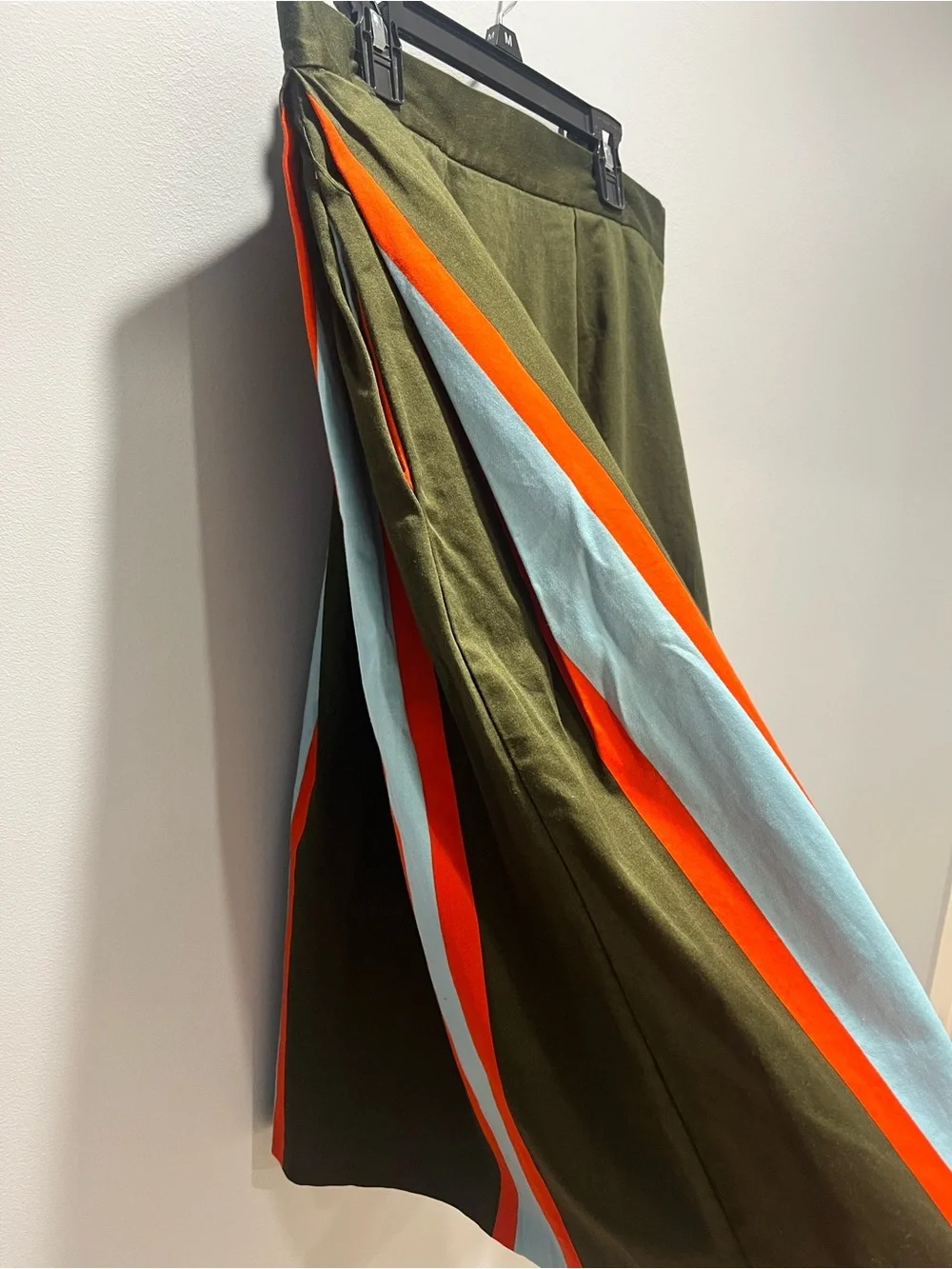 Closet London Striped Box Pleat Bell Midi Skirt Olive Green Orange Mod Size 10